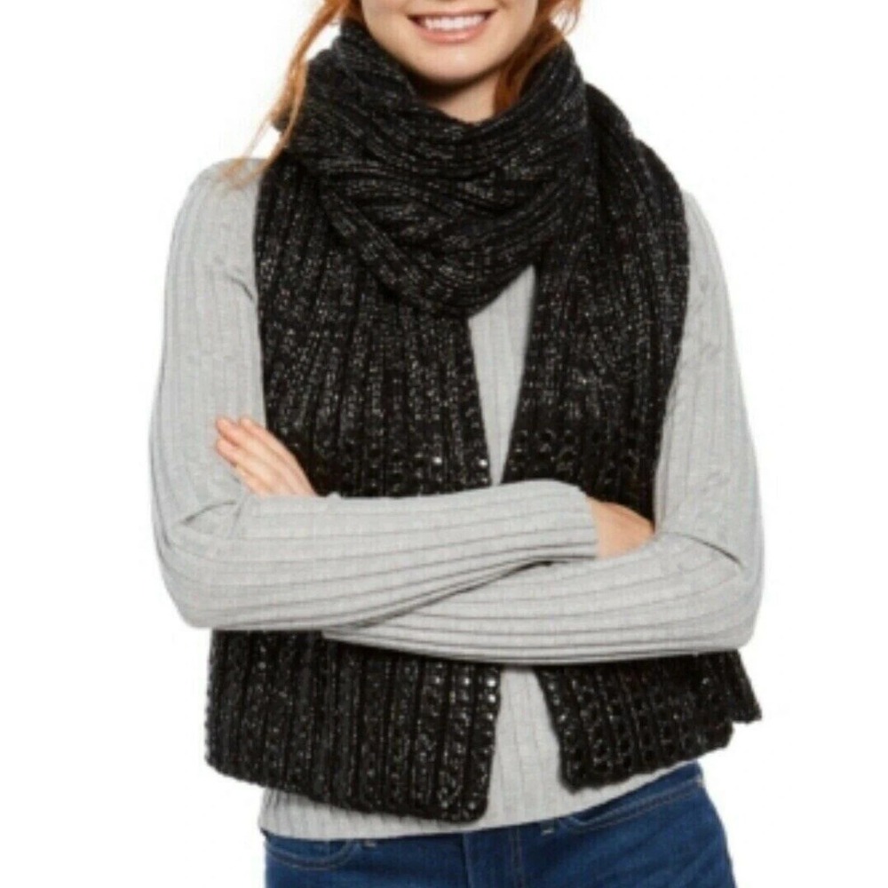 DKNY Studded Rib-Knit Heavyweight Women's Winter Scarf Metallic Black NEW 27123